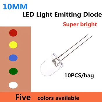 10DB/zacskó Szuper fényes 10MM fehér haj, piros, fehér, sárga, zöld, kék LED kerek F10mm fénykibocsátó dióda LED