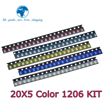 TZT 100=5 színben x20pcs 1206-os SMD LED Csomag Piros, Fehér, Zöld, Kék, Sárga 1206-os led szett