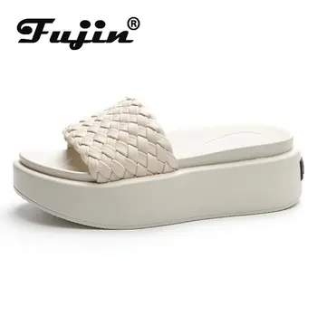 Fujin 6cm Papucs Diák Öszvérek Sző Valódi Bőr Női Alkalmi Divat Női Slip Sandle Nagy Márka Platform Wedge Cipő
