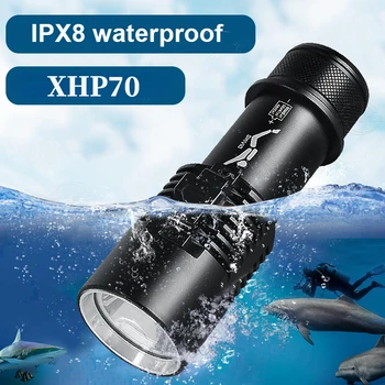 Nagy teljesítményű LED XHP70 Búvárkodás Zseblámpa Kemping Újratölthető 18650 IPX8 Vízálló, Erős Taktikai Zseblámpa