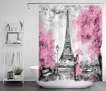 Szerető Párizsban Zuhanyzó Függöny Rózsaszín Virág, Eiffel-Torony Poliészter Vízálló Szövet Fürdőszoba Függöny Horgok