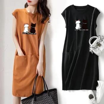 A nők Nyáron Aranyos Macska Nyomtatás Ruha koreai Divat Esztétikai Ruha Alkalmi Streetwear Fekete Laza Midi Ruhák Nők 2023