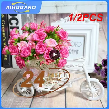 1/2DB művirágok Selyem Rózsa Rattan Kerékpár Váza Műanyag Asztal Dekoratív Rose Bonsai Növény Kerti Otthoni Iroda