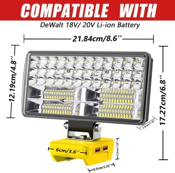 Hordozható Lámpa, Vezeték nélküli LED-es munkalámpa Kompatibilis DeWalt 20V Akkumulátor 2.1 USB 6000 LM 38W LED-es Árvíz Fény 2 Módok