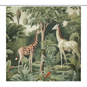 Trópusi Esőerdő Fürdőszobában Zuhanyzó Függöny Zsiráf Jelenet, Magas Vízszigetelés, Luxus 183x183cm 12db Horgok
