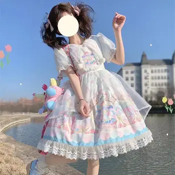 Japán Édes Lolita OP Ruha Nyári Lányok Aranyos Csipke Íj Rajzfilm Nyomtatási Tea Party Ruhák Nők Szép Aranyos Elegáns Vestidos