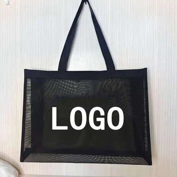 Egyedi logó nylon háló bevásárló táska, átlátszó nagy kapacitású válltáska, lélegző beach utazási tároló, napi necessi