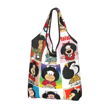 Újrafelhasználható Aranyos Rajzfilm Anime Kockás Mafalda Bevásárló Táska Élelmiszert Összehajtható Táskák is Mosható Nagy Tote Bags