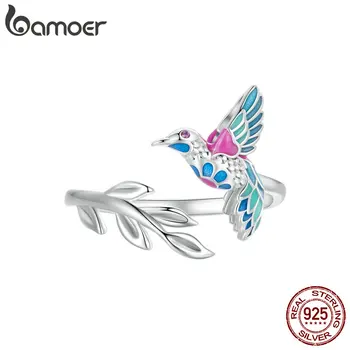 Bamoer 925 Sterling Ezüst Kingfisher Nyitó Gyűrű Színes Zománc Madár Állítható Gyűrű Női Fél Jól Ékszer Ajándék