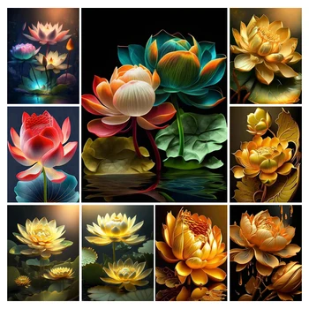 FULLCANG Diamond egy Új kép 2023 Golden Lotus Diy Teljes Négyzet, Kör Mozaik Hímzett Színes Virág Modern Kép FG1730