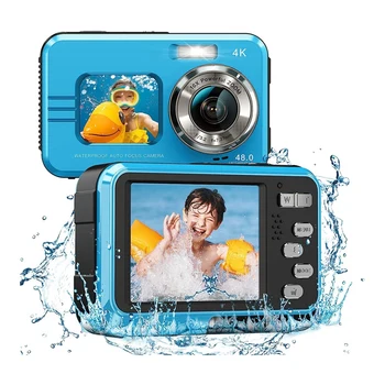 A 4K Vízálló Fényképezőgép Víz alatti Kamera, 16X Digitális Zoom Digitális Fényképezőgép Kettős Képernyők Önarckép 48MP Snorkeling Gyerekek